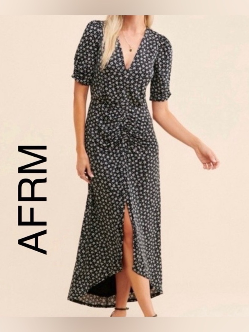 AFRM Black Floral Wrap Maxi Dress with Front Slit, elegant, casual, cena, party